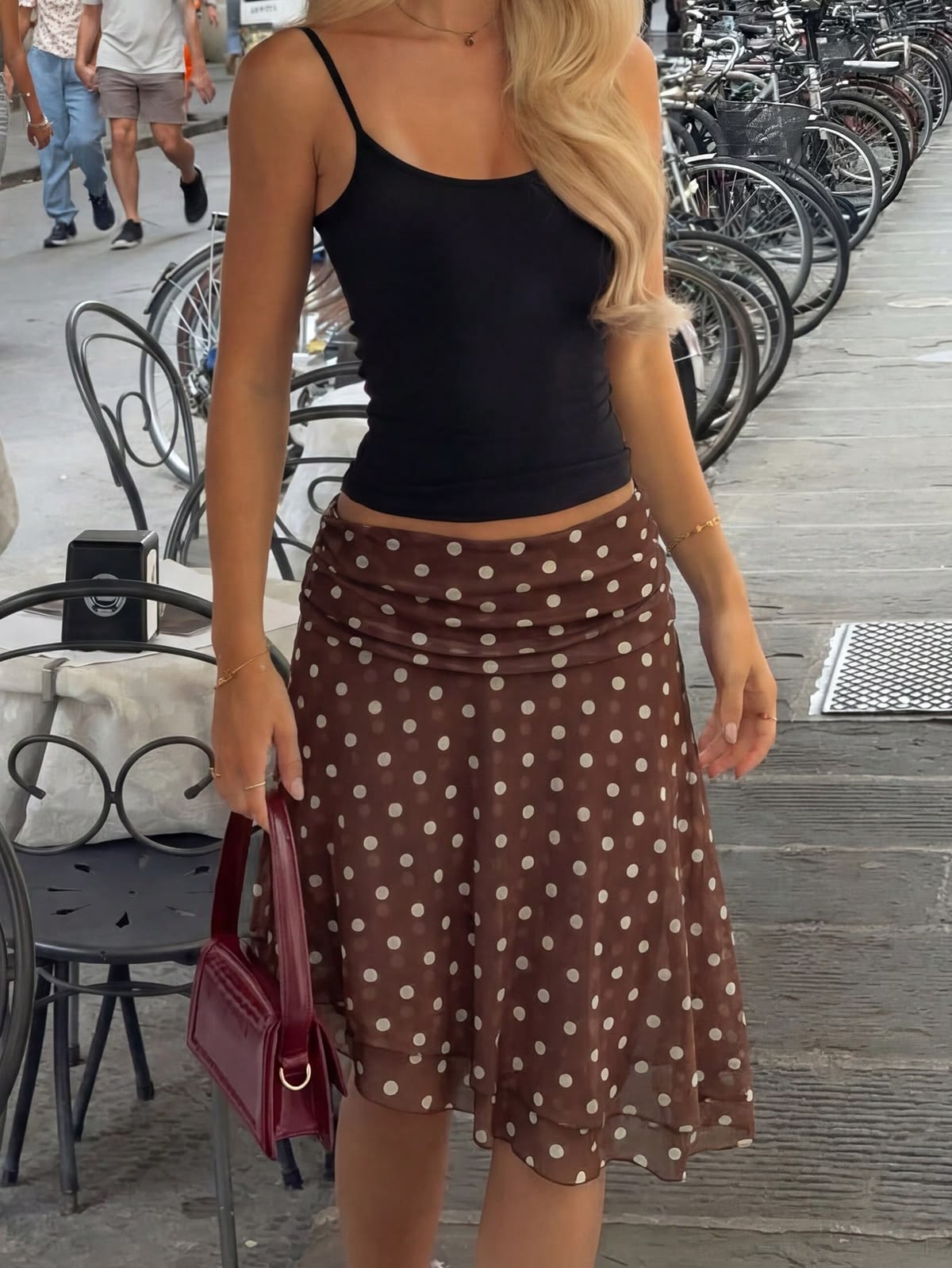 Polka Dot Ruched Waist A-Line Midi Skirt