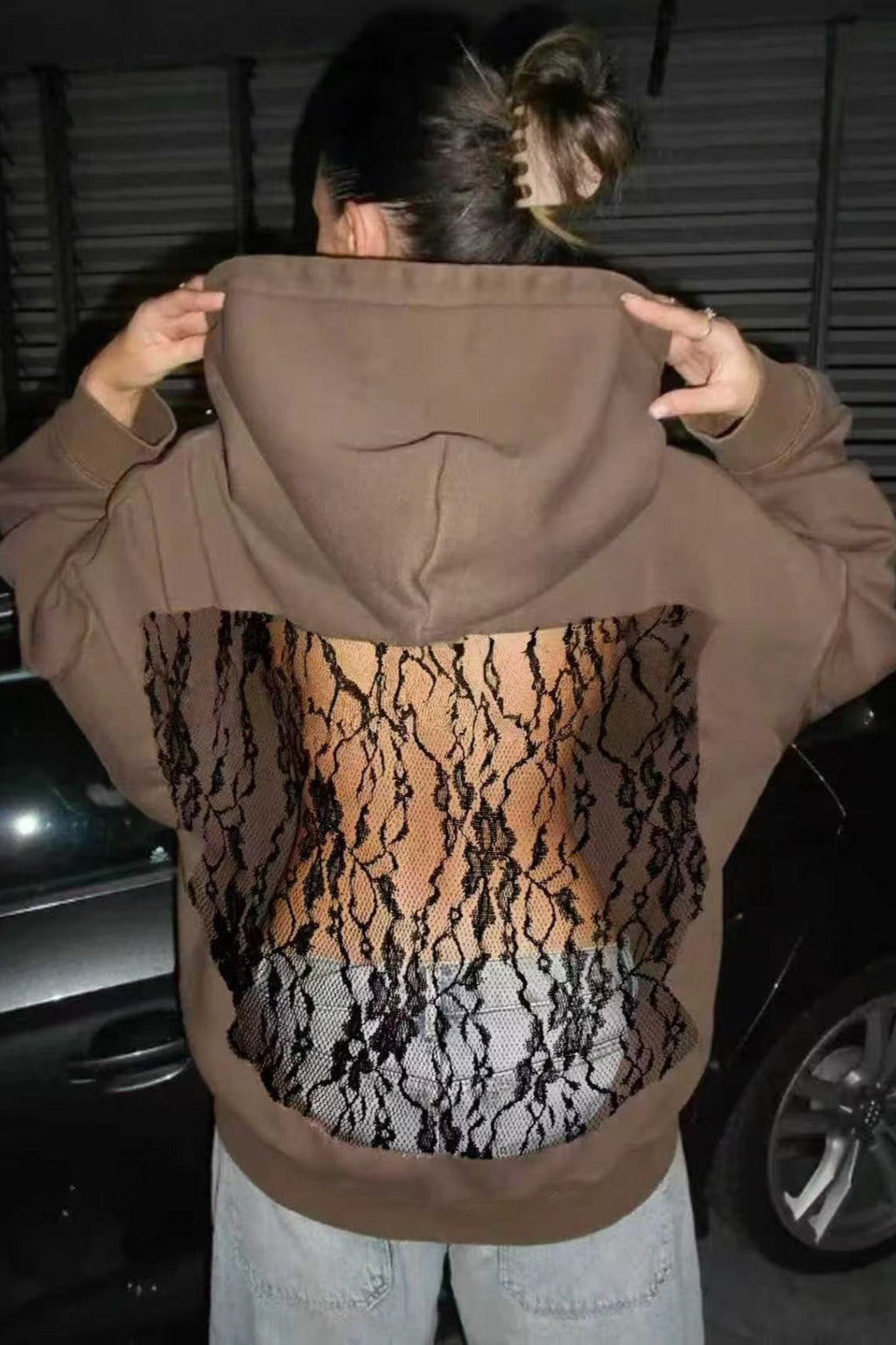 Hollow Mesh Long Sleeve Pullover Hoodie