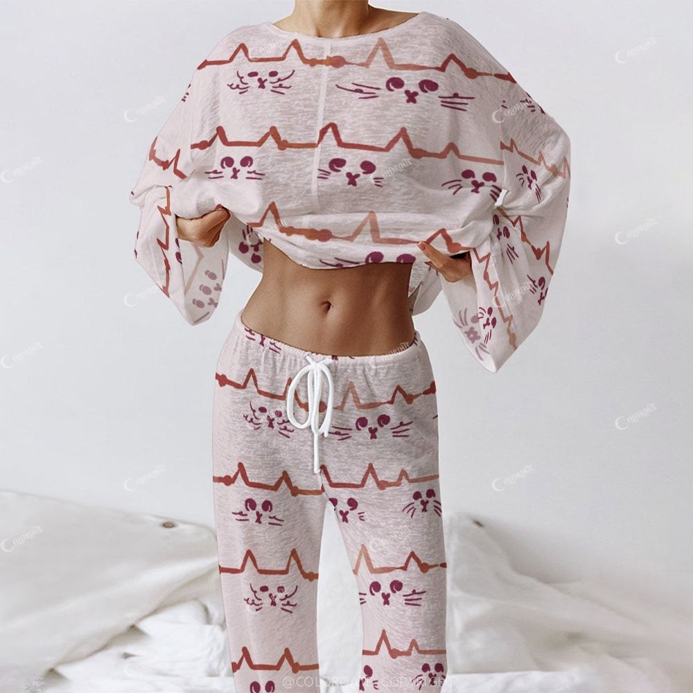 Women's Cartoon Cat Long Sleeve Cotton Homewear Set