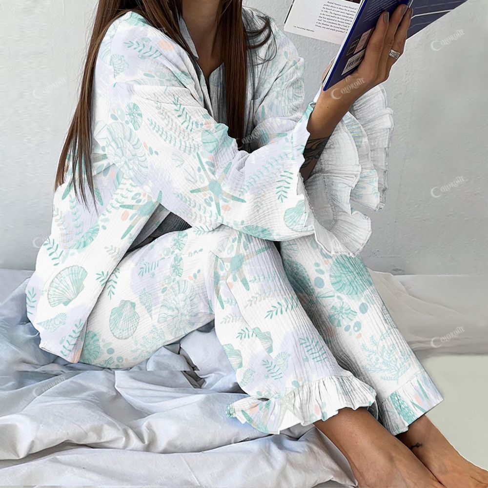 Colordate Women's Blue Starfish Shell Vintage Printed Linen Cotton Suit