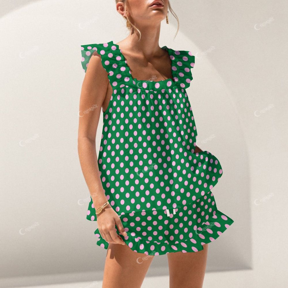Colordate Pink Polka Dot Print Short Tank Top Shorts Pajama Set