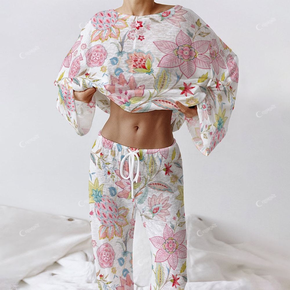 Colordate Ruby Dusk Women's Colorful Flower Print Long Sleeve Cotton Homewear Set