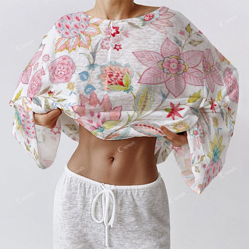 Colordate Ruby Dusk Women's Colorful Flower Print Long Sleeve Cotton Homewear Set