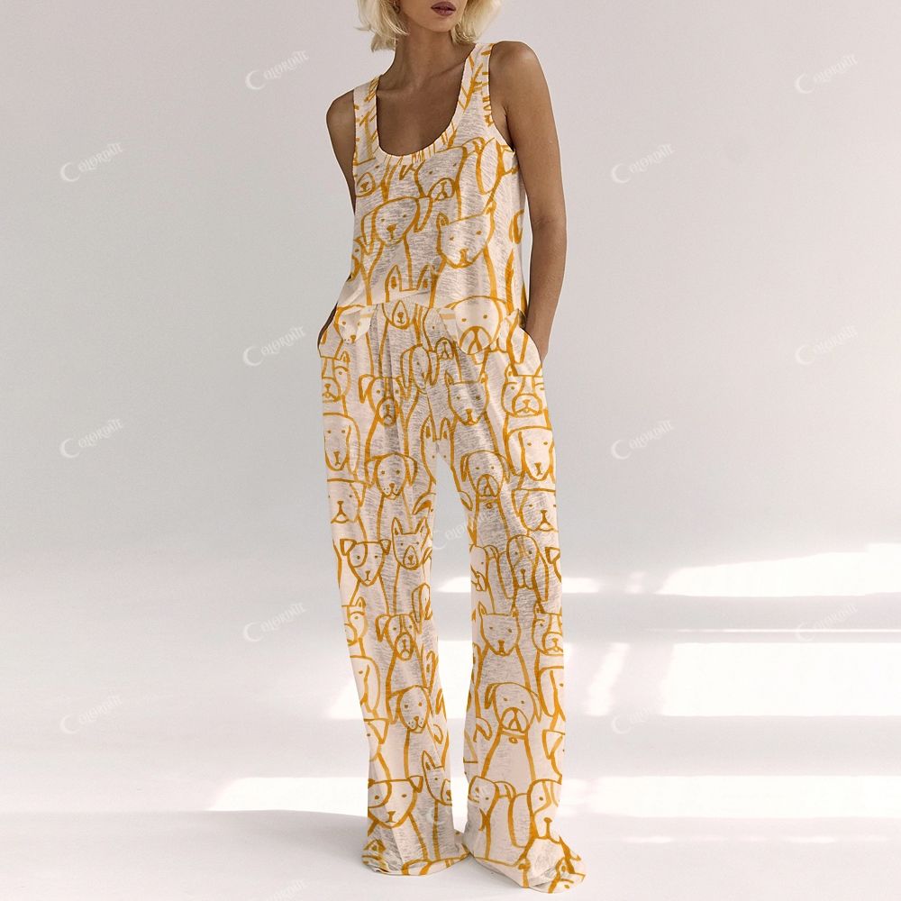 Colordate Women's Yellow Line Puppy Print Vest and Pants Set