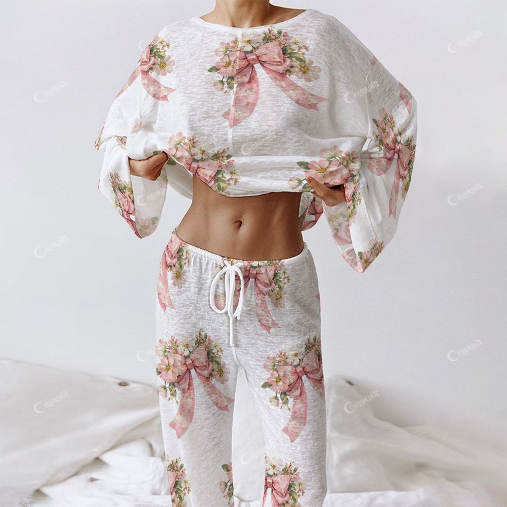 Colordate Women's Bow And Flower Print Long Sleeve Cotton Homewear Set