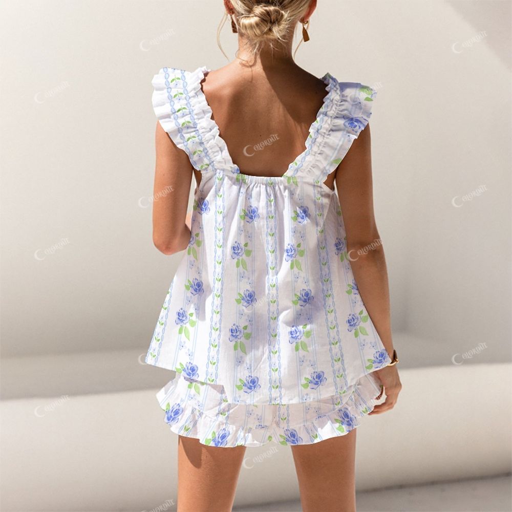 Colordate Blue Flower Print Short Tank Top Shorts Pajama Set