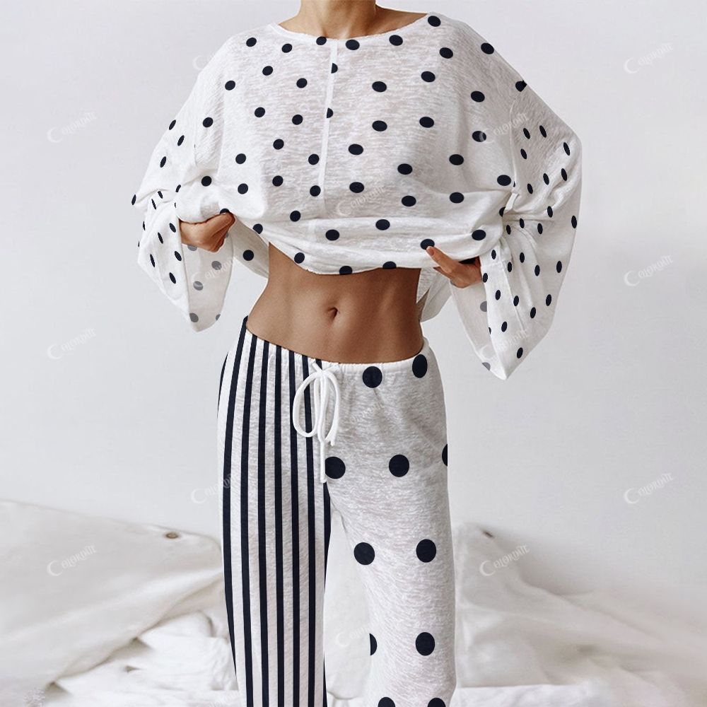 Colordate Women's Polka Dot And Striped Prints Long Sleeve Cotton Homewear Set