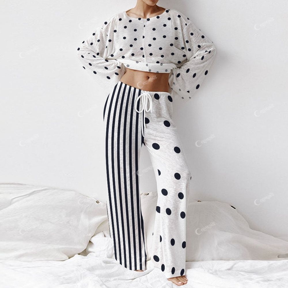 Colordate Women's Polka Dot And Striped Prints Long Sleeve Cotton Homewear Set