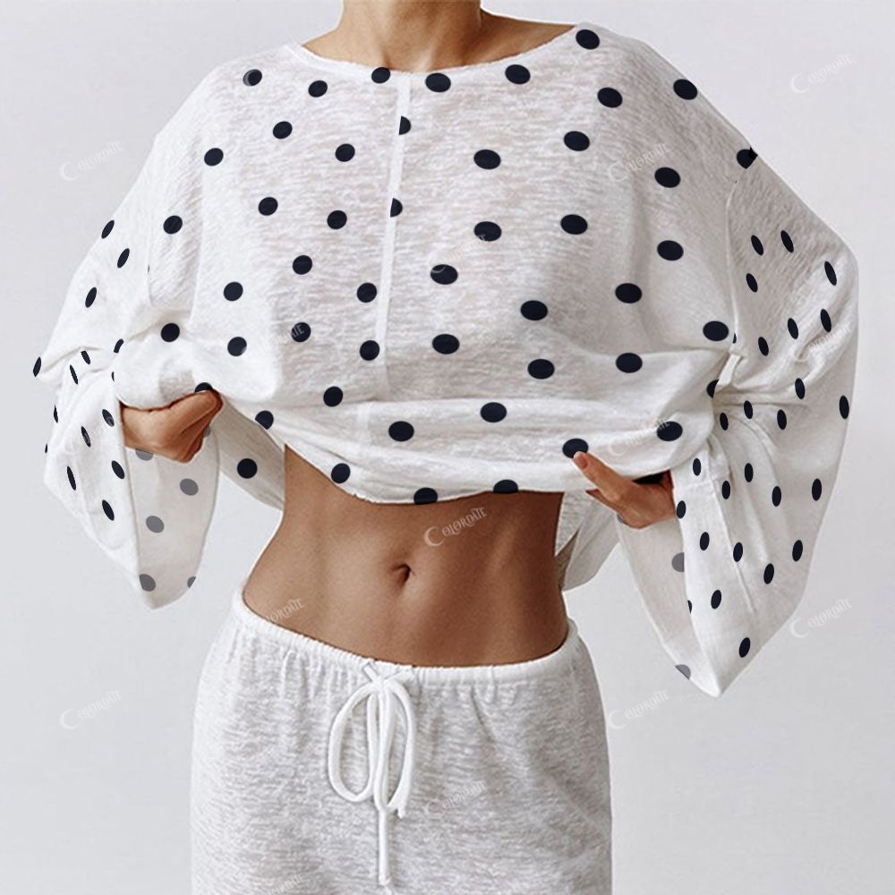 Colordate Women's Polka Dot And Striped Prints Long Sleeve Cotton Homewear Set