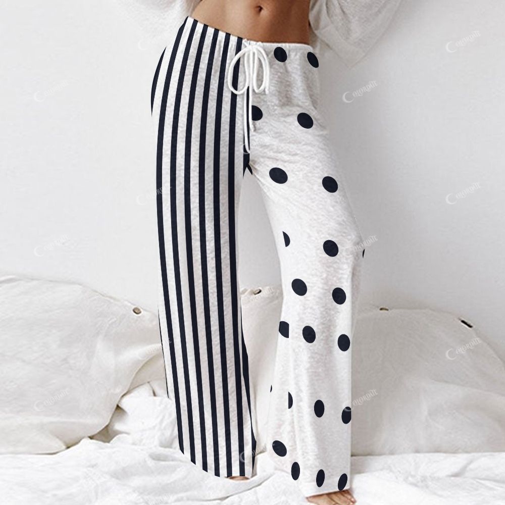 Colordate Women's Polka Dot And Striped Prints Long Sleeve Cotton Homewear Set