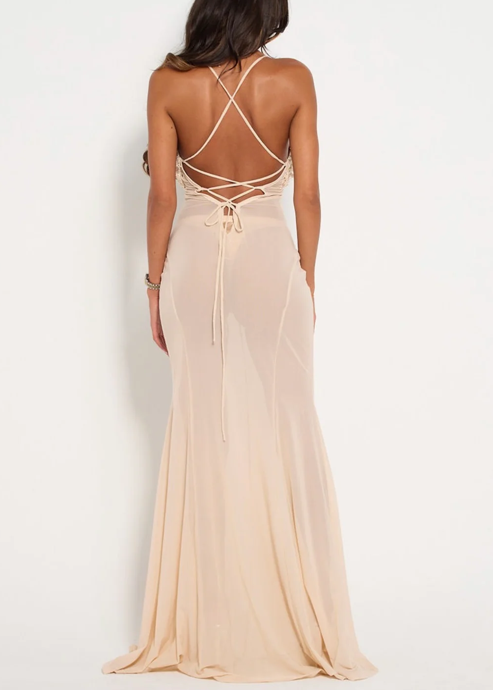 3D Flower Applique Sheer Mesh Maxi Dress
