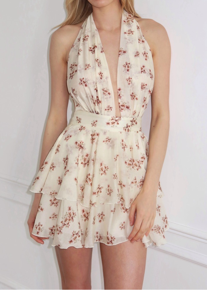 Floral Halter Tiered Ruffle Mini Dress