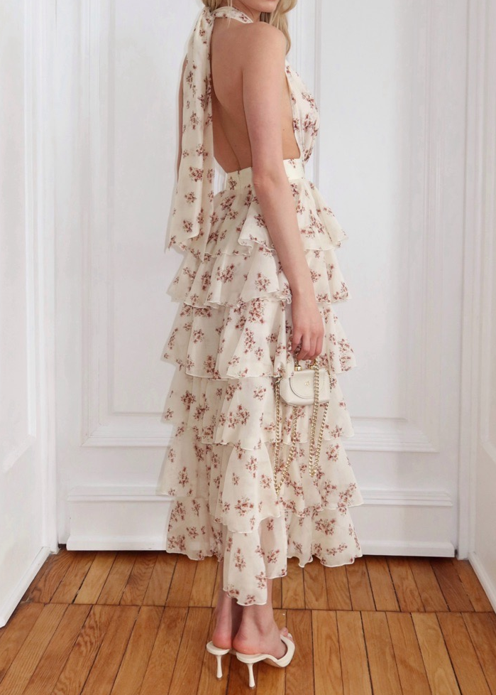 Halter Floral Tiered Ruffle Maxi Dress