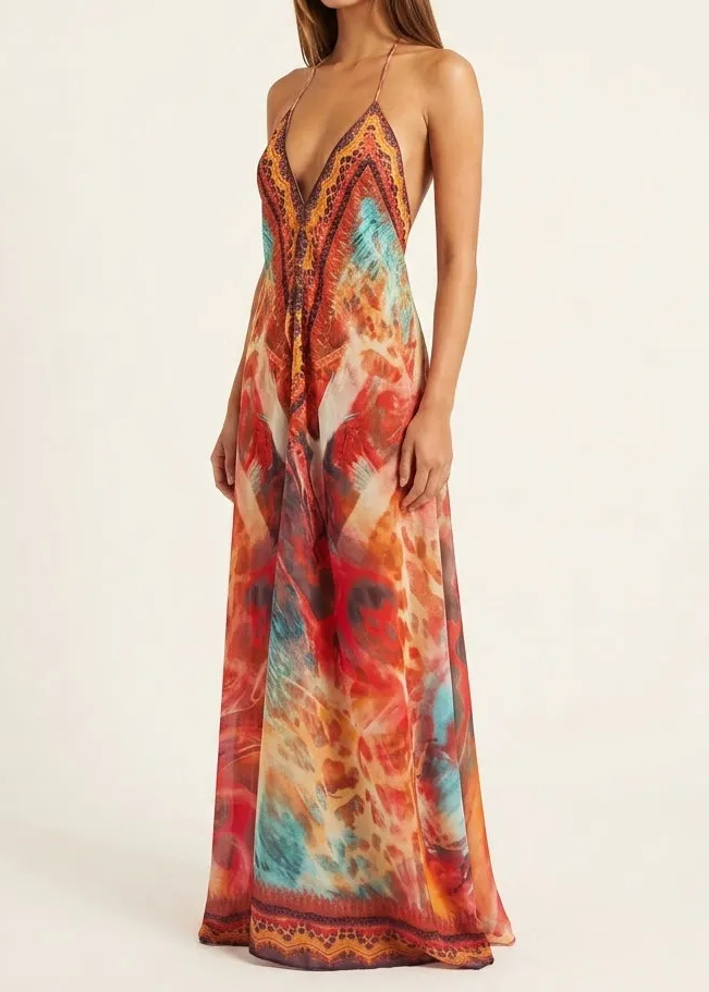 Tribal Print Lace-Trim Halter Maxi Dress