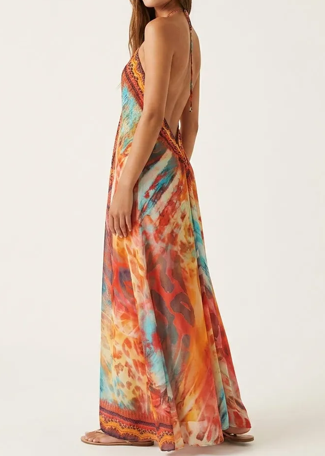 Tribal Print Lace-Trim Halter Maxi Dress