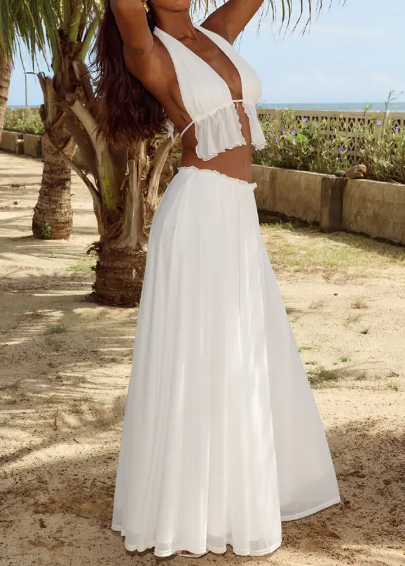 Halter Ruffle Crop Top & Slit Maxi Skirt Set
