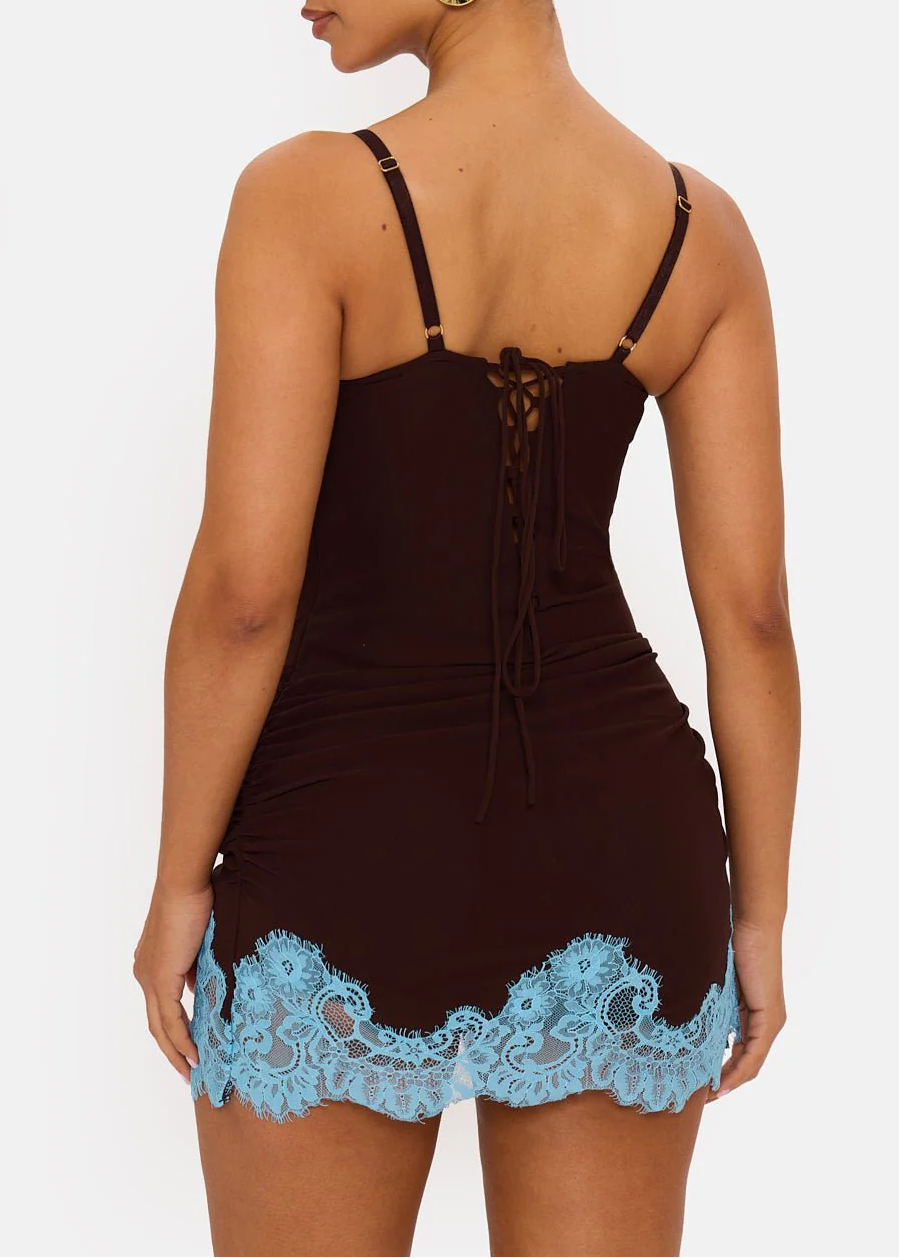 Contrast Lace Trim Ruched Bodycon Mini Dress