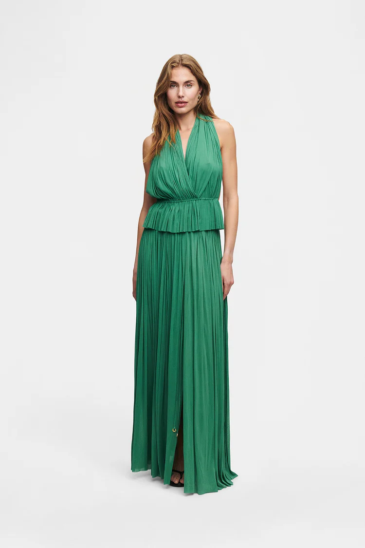 Pleated Halter V-Neck Wide-Leg Jumpsuit