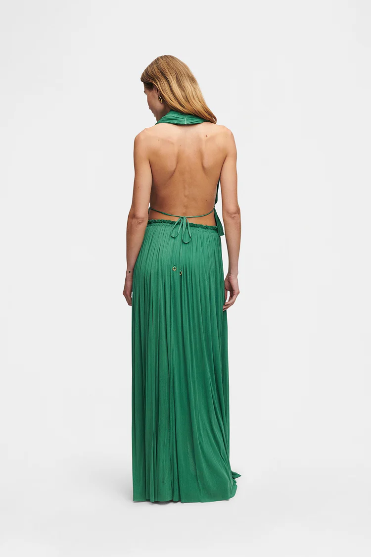 Pleated Halter V-Neck Wide-Leg Jumpsuit