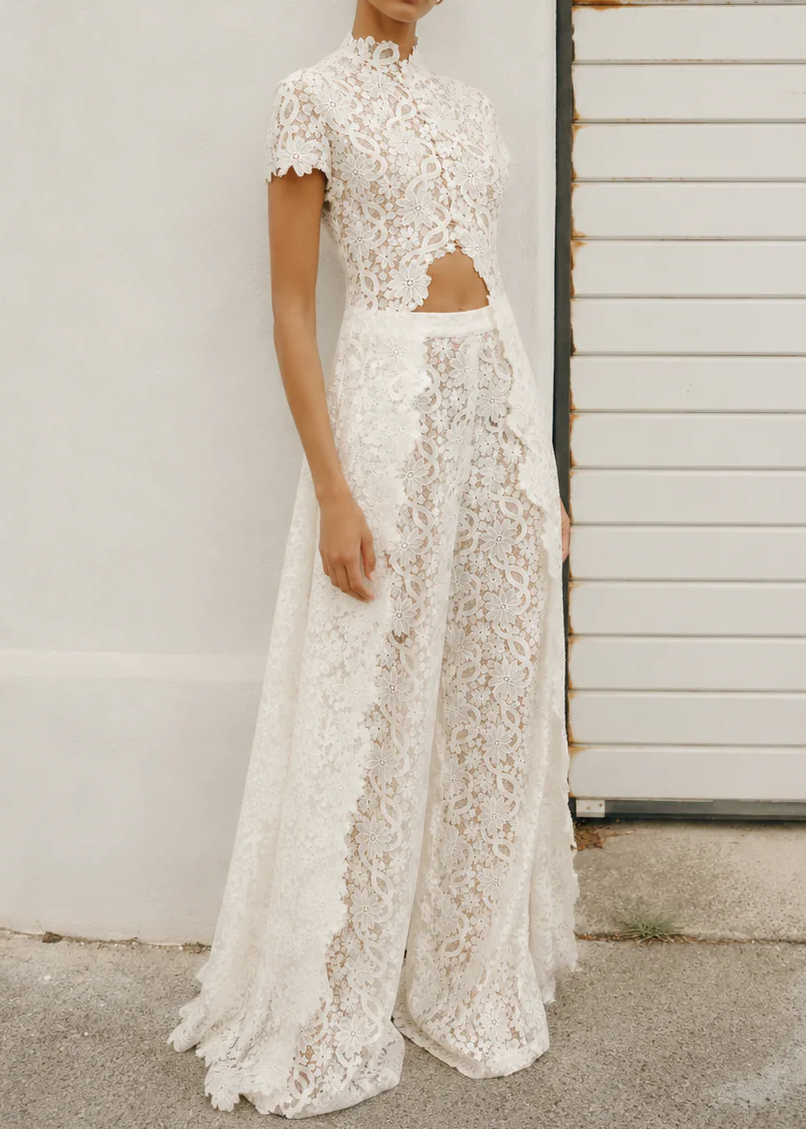 Sheer Lace Cutout High Neck Top（Only tops）