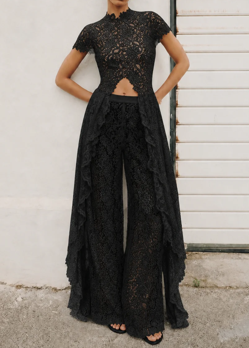 Sheer Lace Cutout High Neck Top（Only tops）