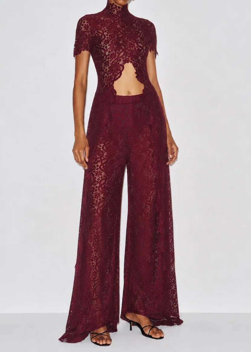 Sheer Lace Cutout High Neck Top（Only tops）