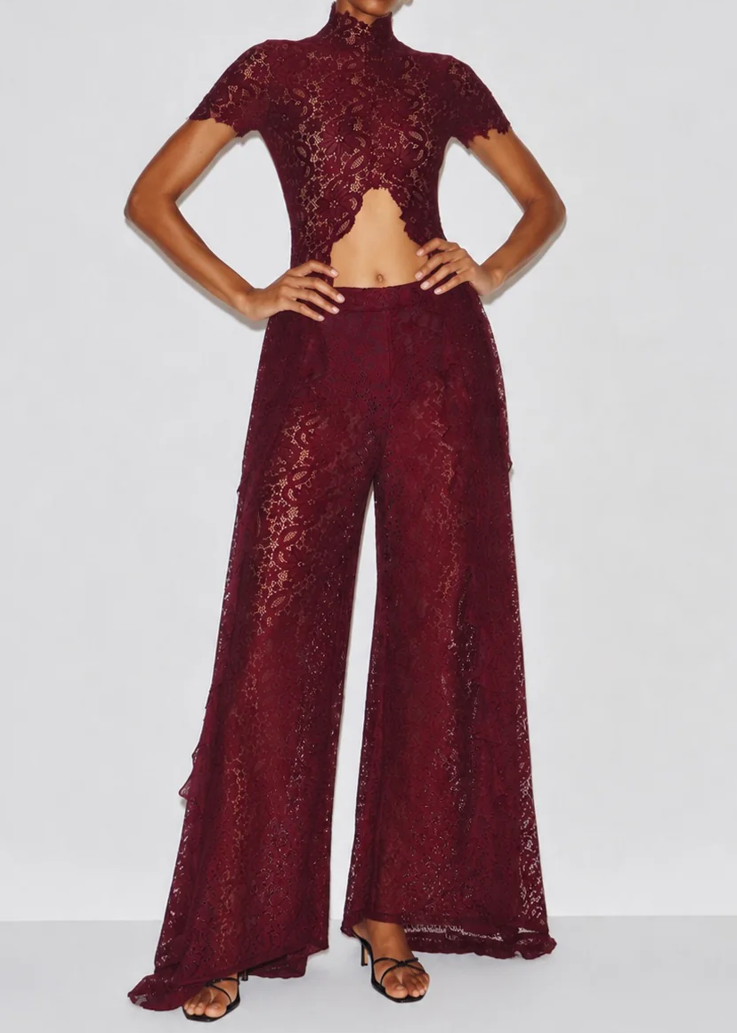 Sheer Lace Cutout High Neck Top（Only tops）