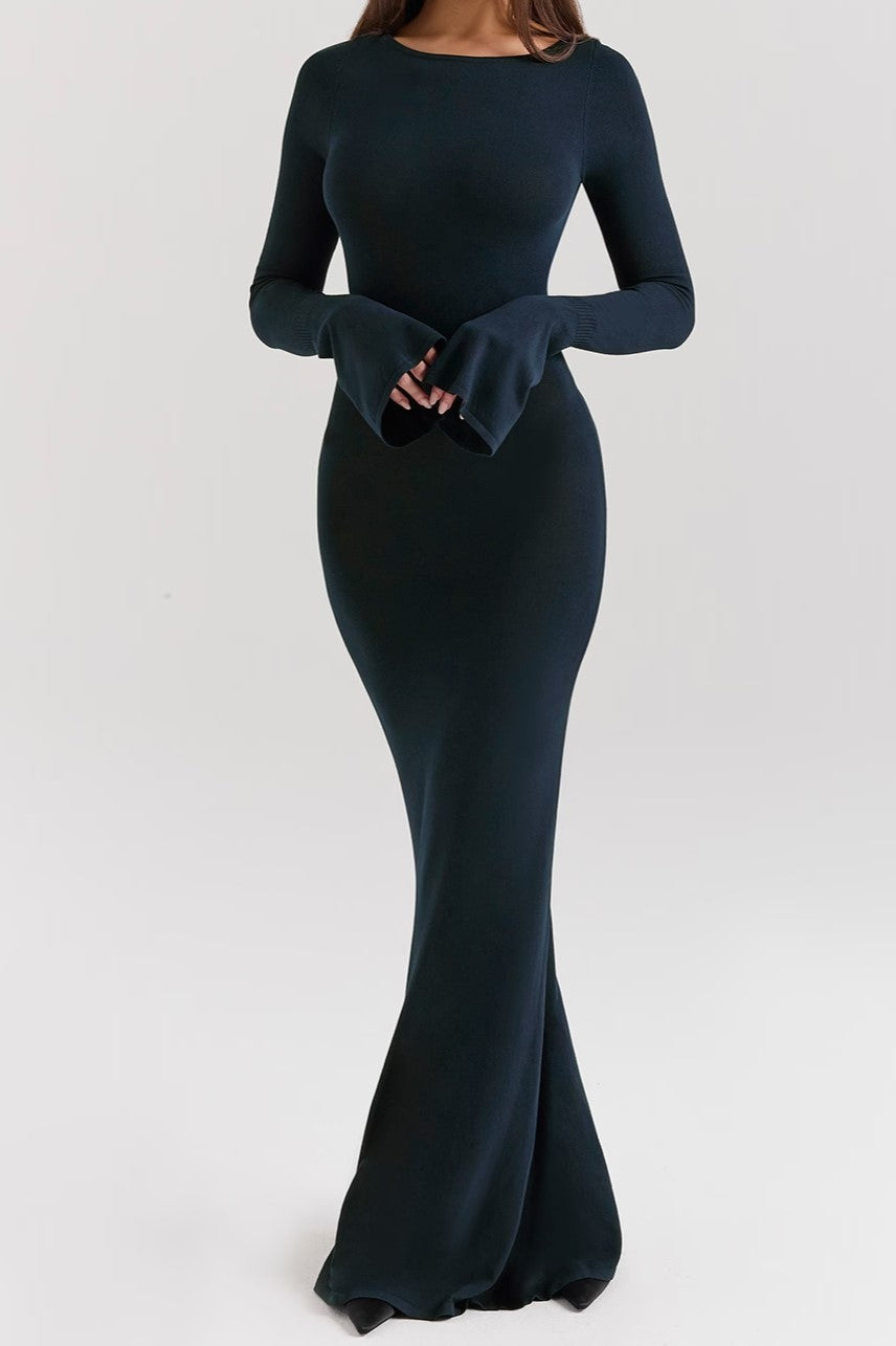 Open Back Bow Detail Long Sleeve Maxi Dress
