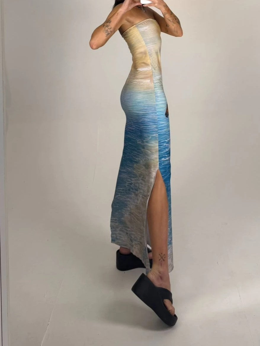 Strapless Ocean Scenery Horse Print Maxi Dress