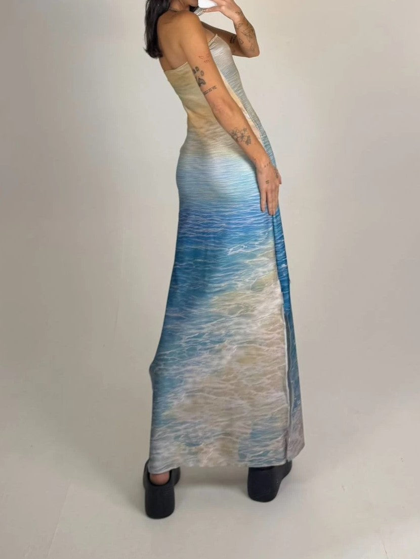 Strapless Ocean Scenery Horse Print Maxi Dress