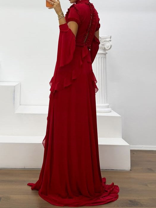 Cold Shoulder Ruffled High Slit Chiffon Gown