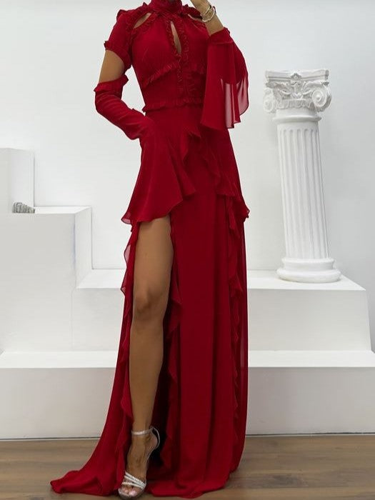 Cold Shoulder Ruffled High Slit Chiffon Gown