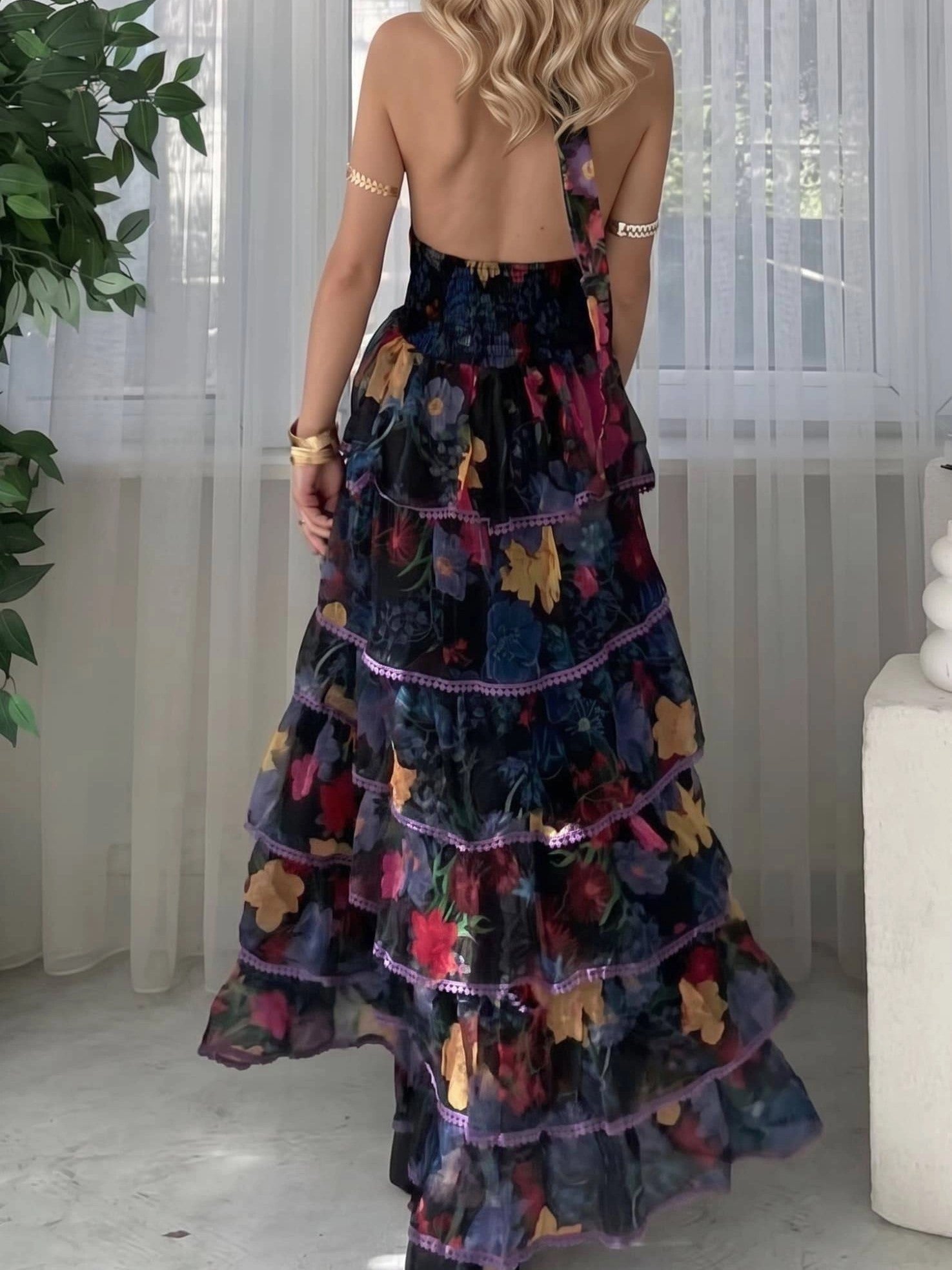 Black Floral Halter Tiered Maxi Dress