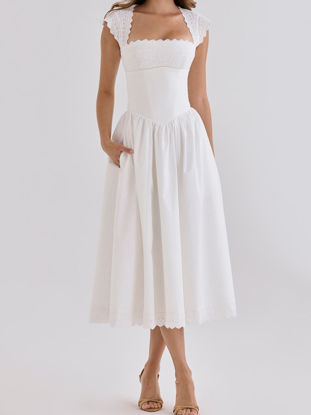 White Lace Trim Prairie Midi Dress