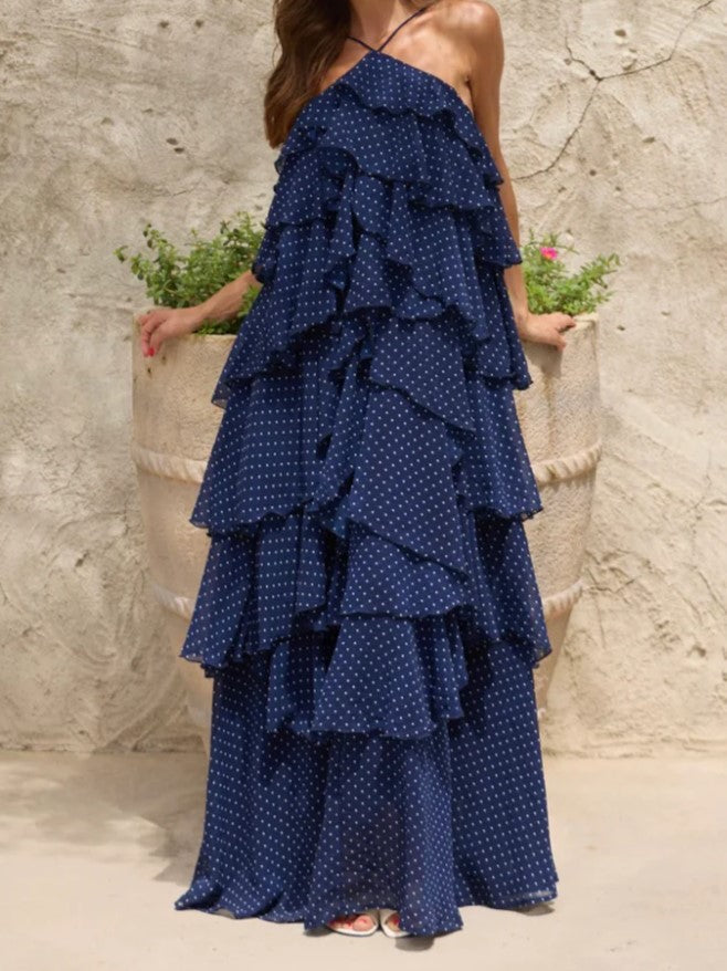 Navy Polka Dot Spaghetti Strap Tiered Chiffon Maxi Dress