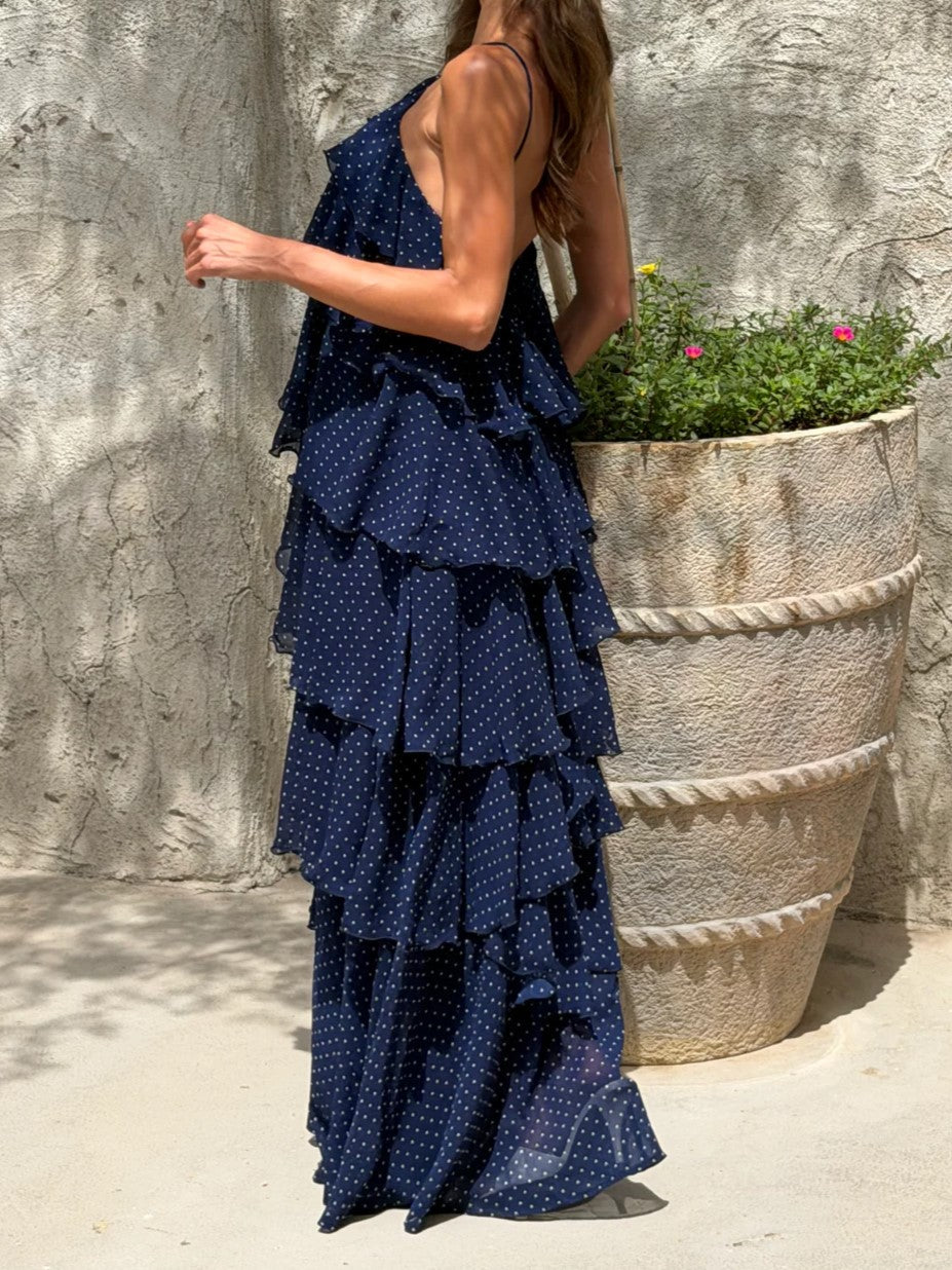 Navy Polka Dot Spaghetti Strap Tiered Chiffon Maxi Dress