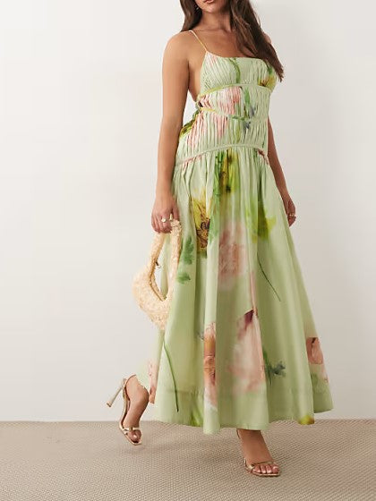 Mint Green Watercolor Floral Smocked Midi Dress