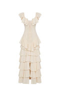 Cream Layered Ruffle A-Line Midi Dress