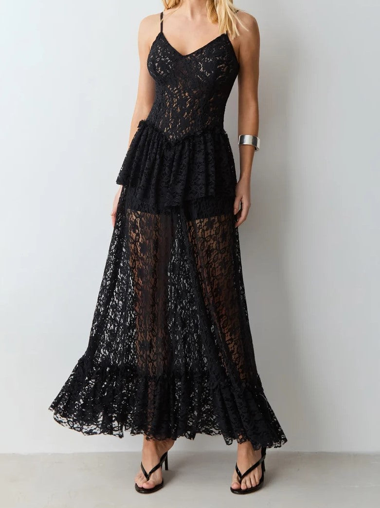 Teal Lace Spaghetti Strap Drop-Waist Maxi Dress