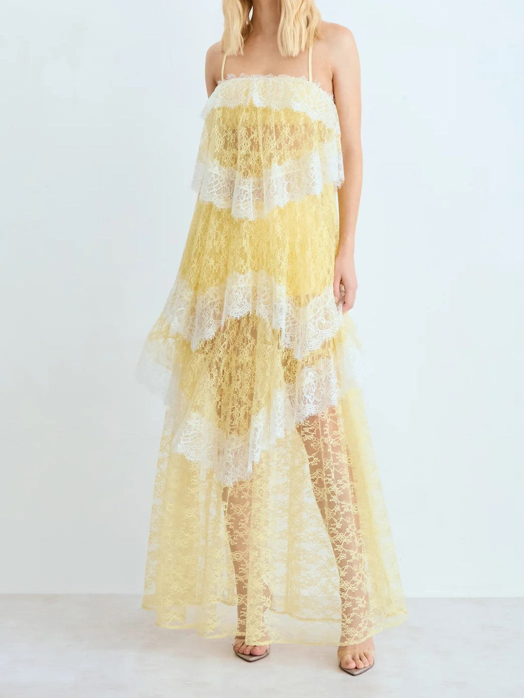 Baby Blue Sheer Lace Tiered Spaghetti Strap Maxi Dress