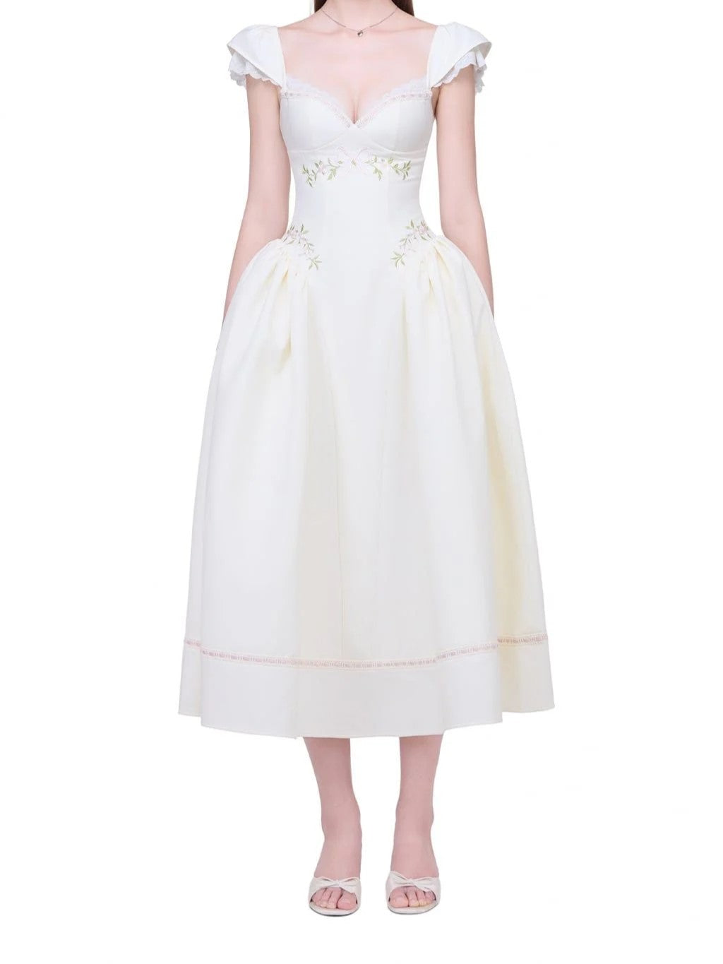 White Embroidered Cap Sleeve A-Line Dress