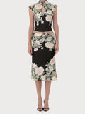 Black Floral Mandarin Collar Two-Piece Set