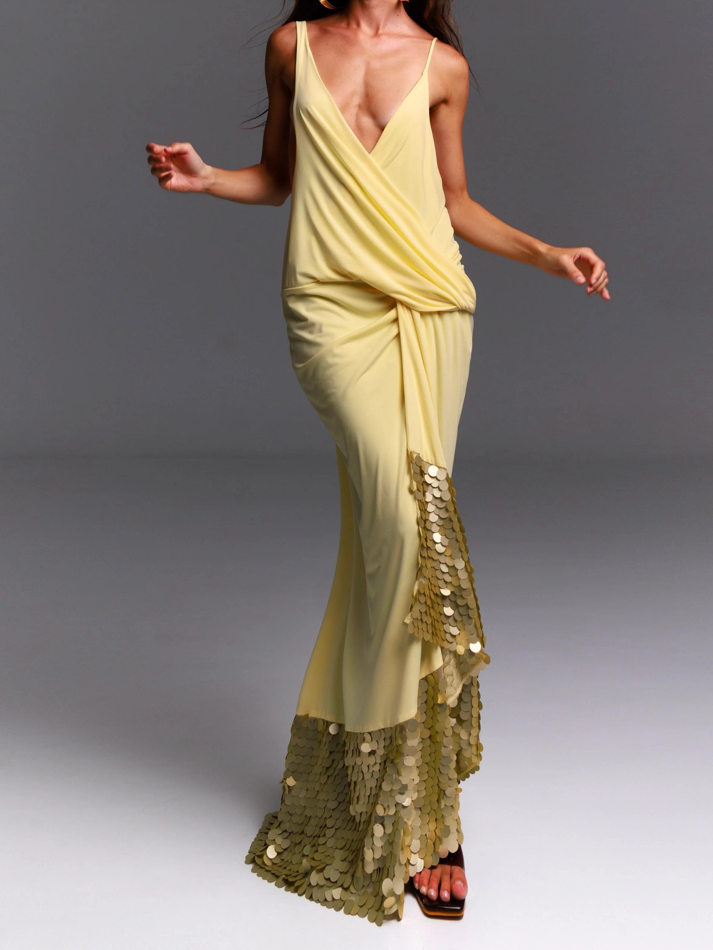 Yellow Sequin Hem Draped Maxi Dress