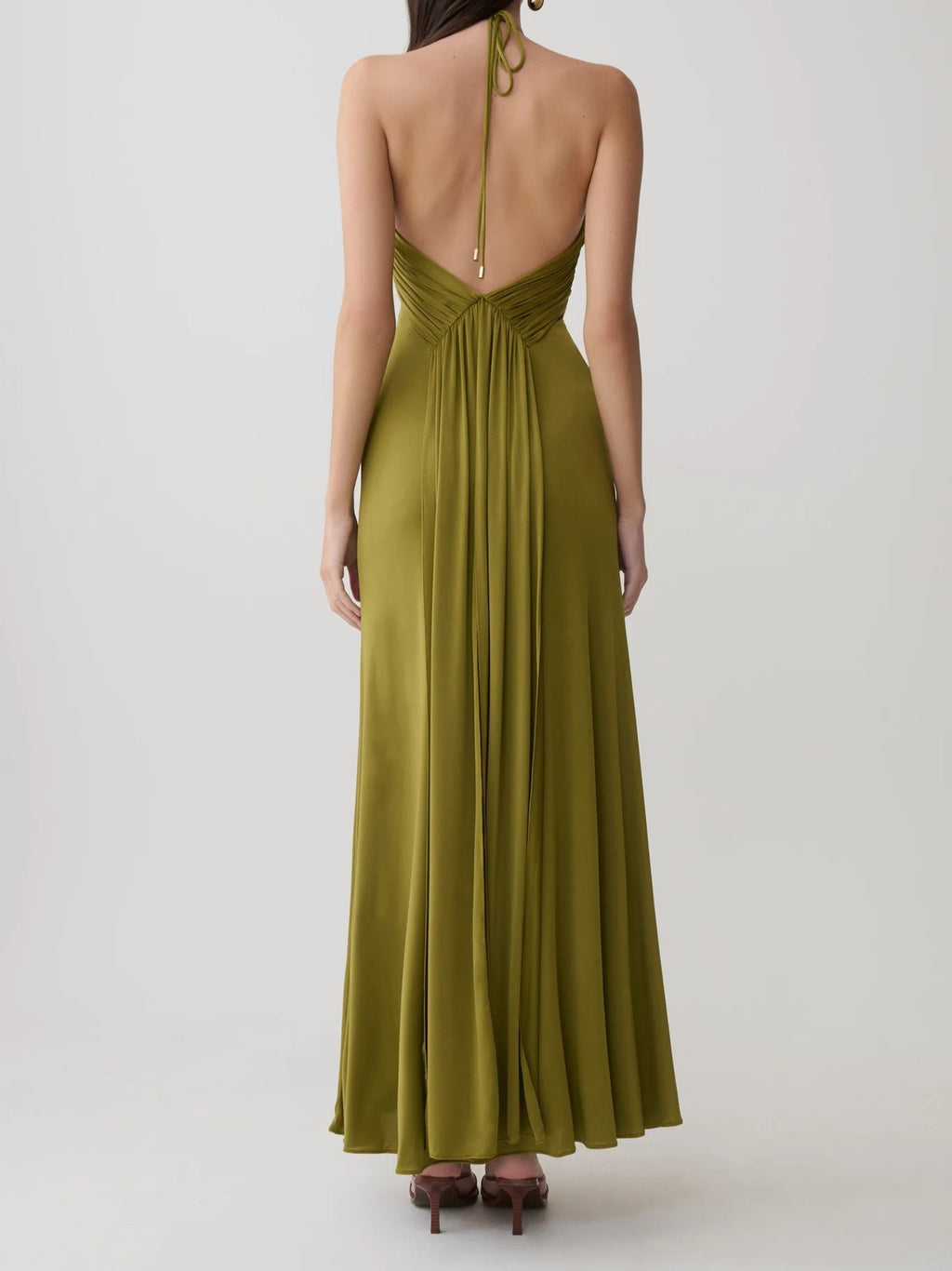 Olive Green Halter Ruched Maxi Dress