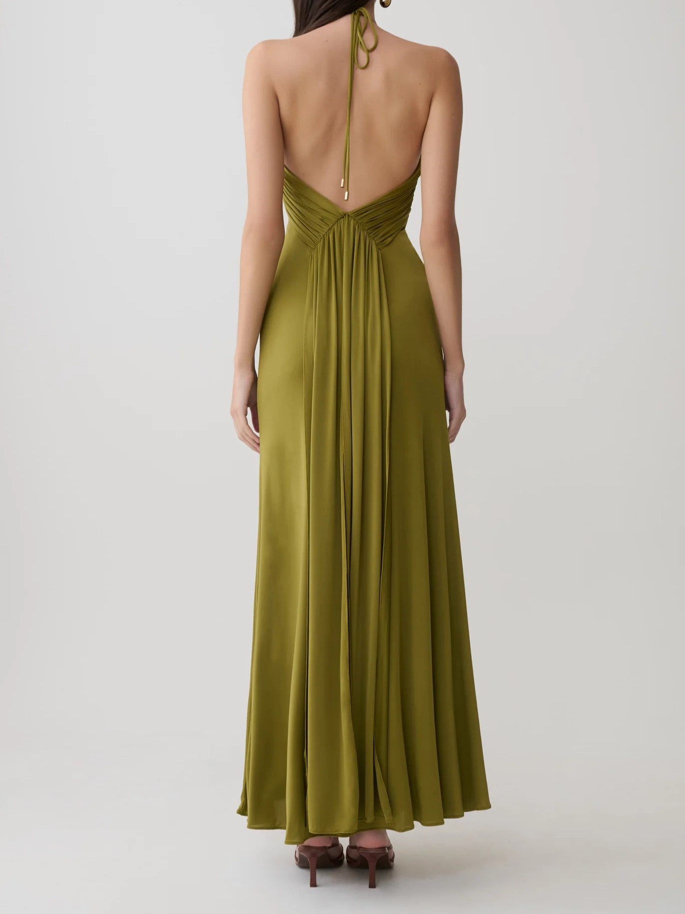 Olive Green Halter Ruched Maxi Dress
