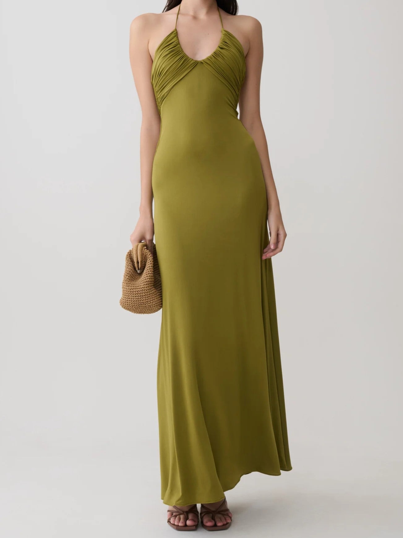 Olive Green Halter Ruched Maxi Dress