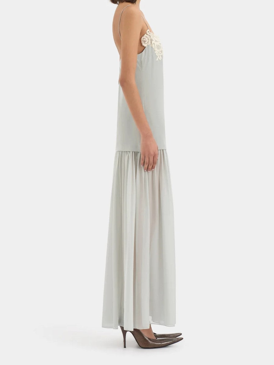 Grey Satin Lace Detail Midi Dress