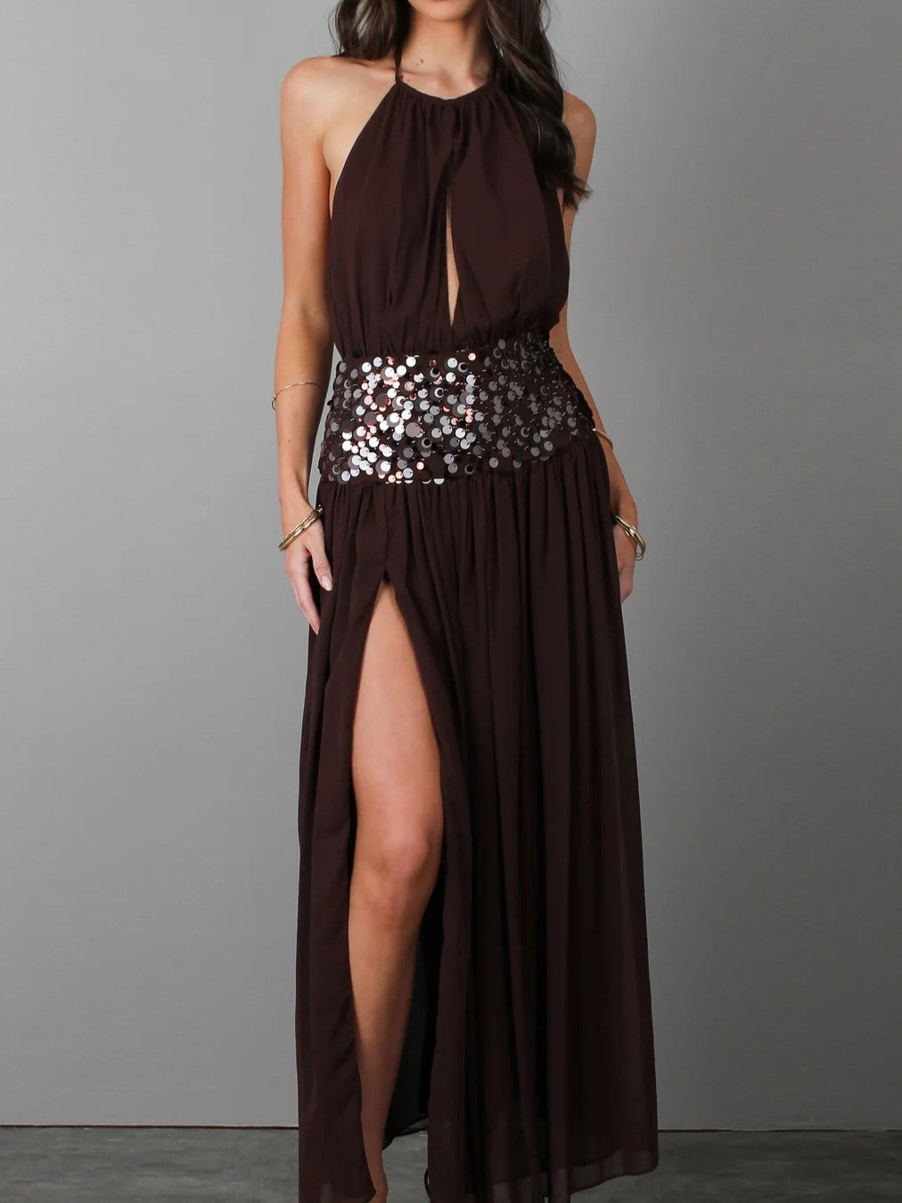 Black Sequin Belted High Slit Maxi Dress
