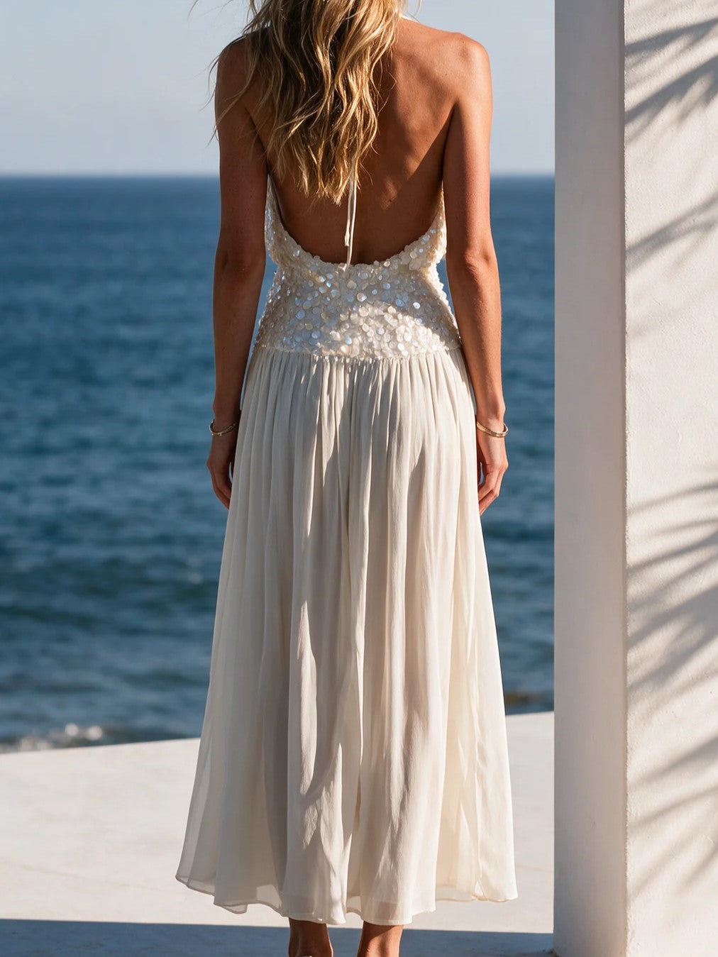 Cream Sequin High Slit Maxi Dress