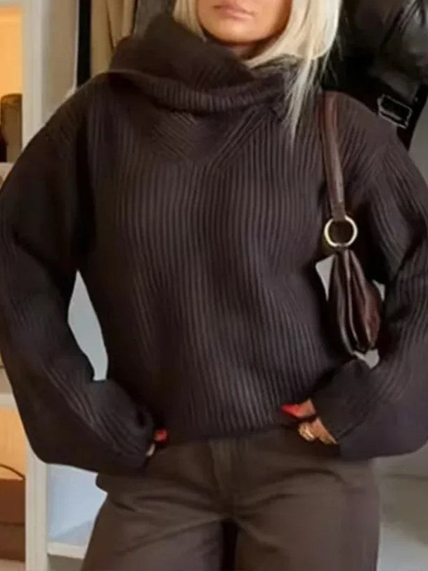 Dark Brown Ribbed Cowl Neck Sweater